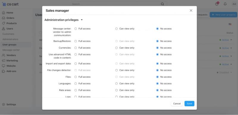 Setting up administrative access for sales managers