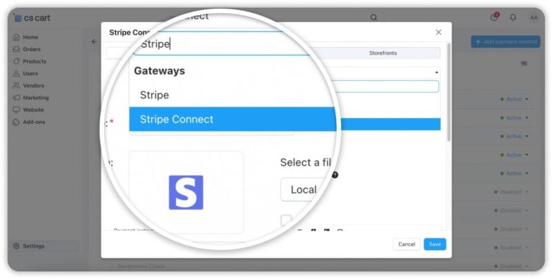 To enable Stripe or Stripe Connect in CS-Cart, go to Settings → Payment methods → Add payment method → choose Stripe in the Processor dropdown and set it up with your Stripe credentials.