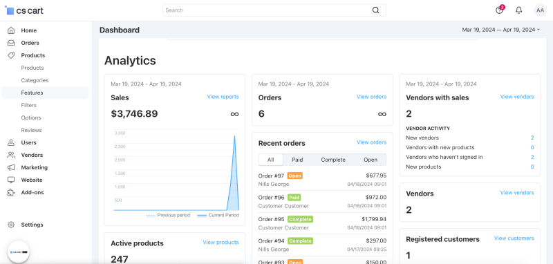 CS-Cart Multi-Vendor dashboard