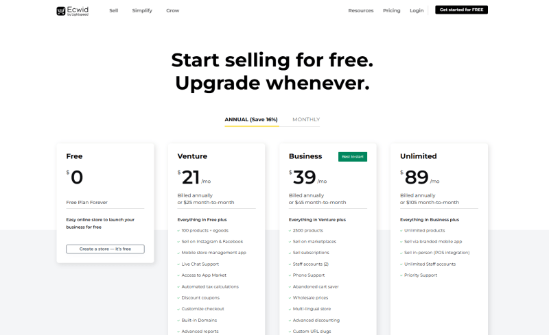 Ecwid pricing plans